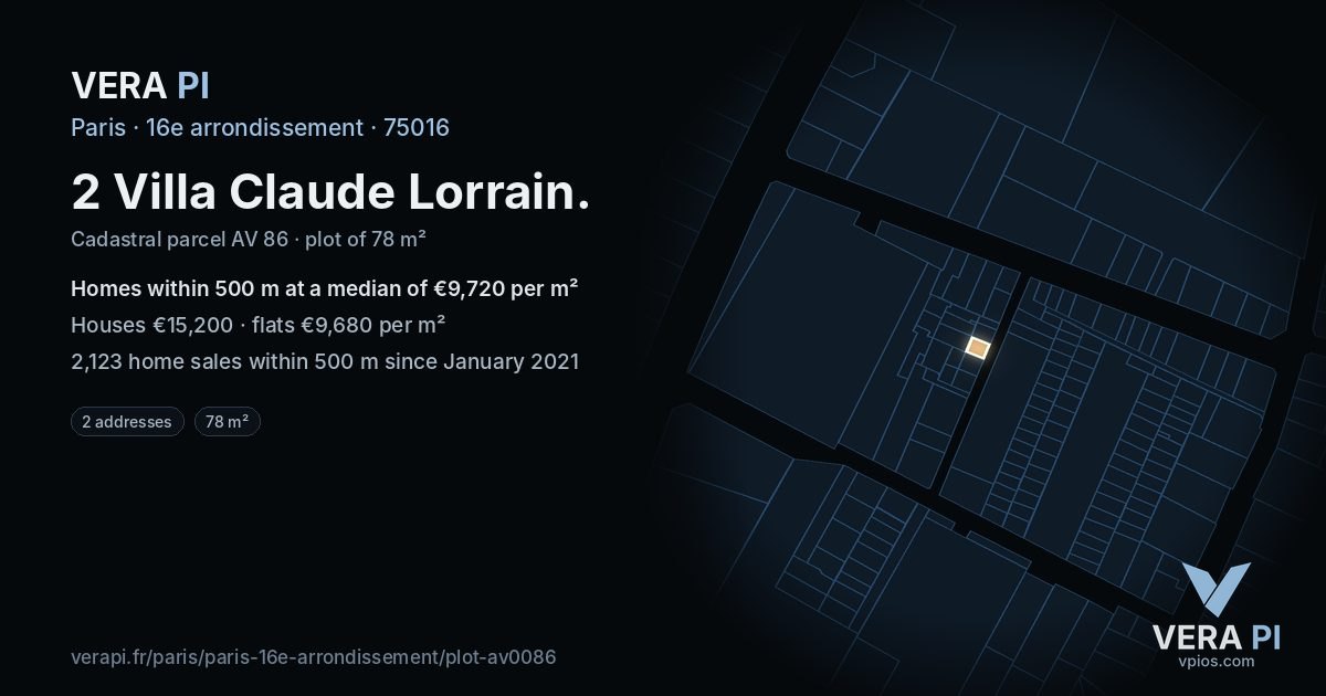 2 Villa Claude Lorrain, 16e arrondissement at night – the plot lit, the parcels around coloured by the prices near them