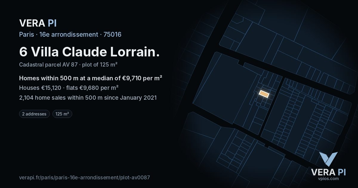 6 Villa Claude Lorrain, 16e arrondissement at night – the plot lit, the parcels around coloured by the prices near them