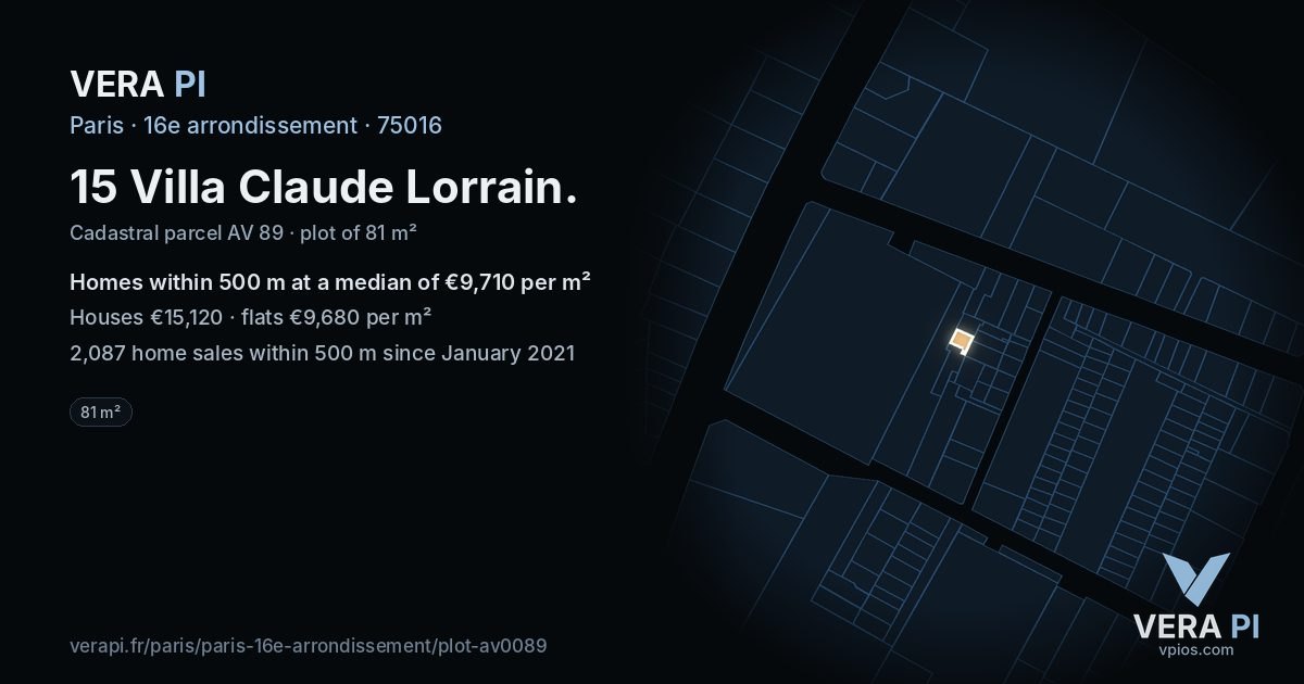 15 Villa Claude Lorrain, 16e arrondissement at night – the plot lit, the parcels around coloured by the prices near them