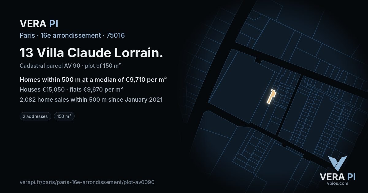 13 Villa Claude Lorrain, 16e arrondissement at night – the plot lit, the parcels around coloured by the prices near them