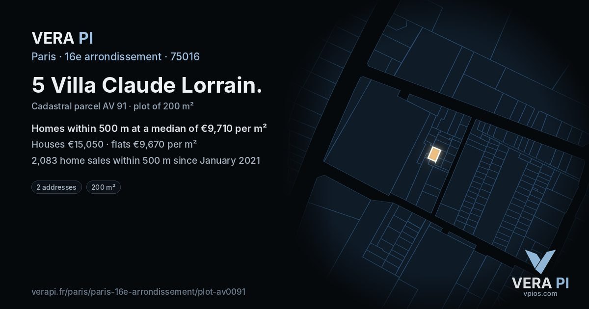 5 Villa Claude Lorrain, 16e arrondissement at night – the plot lit, the parcels around coloured by the prices near them