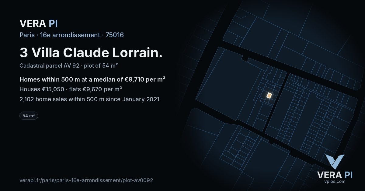 3 Villa Claude Lorrain, 16e arrondissement at night – the plot lit, the parcels around coloured by the prices near them