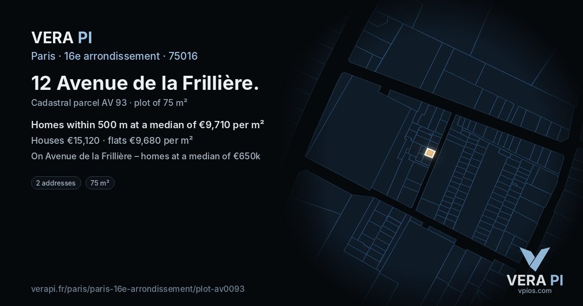 12 Avenue de la Frillière, 16e arrondissement at night – the plot lit, the parcels around coloured by the prices near them