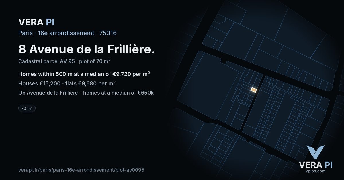 8 Avenue de la Frillière, 16e arrondissement at night – the plot lit, the parcels around coloured by the prices near them