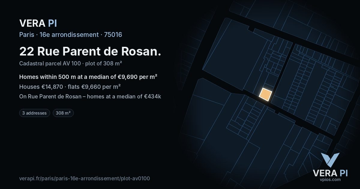 22 Rue Parent de Rosan, 16e arrondissement at night – the plot lit, the parcels around coloured by the prices near them
