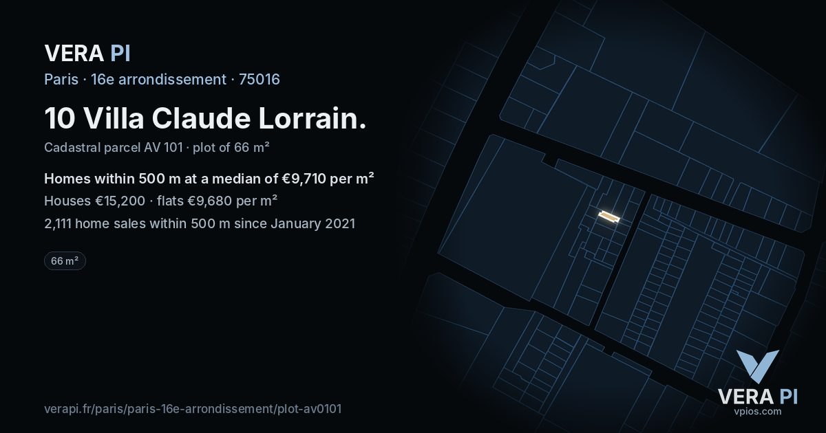 10 Villa Claude Lorrain, 16e arrondissement at night – the plot lit, the parcels around coloured by the prices near them