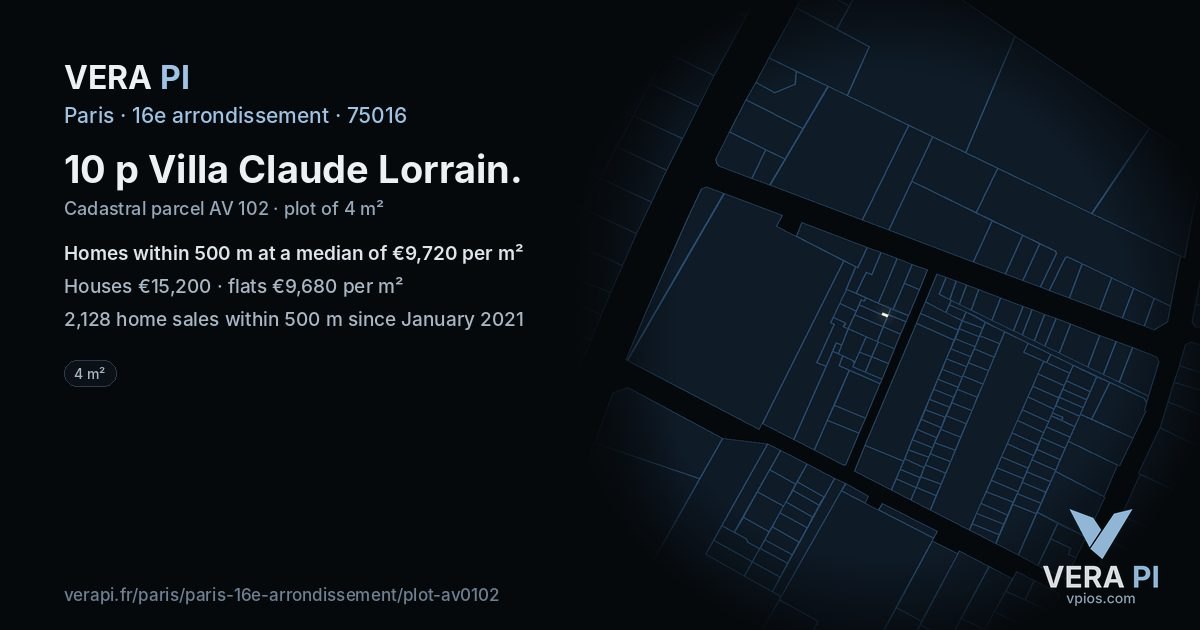 10 p Villa Claude Lorrain, 16e arrondissement at night – the plot lit, the parcels around coloured by the prices near them