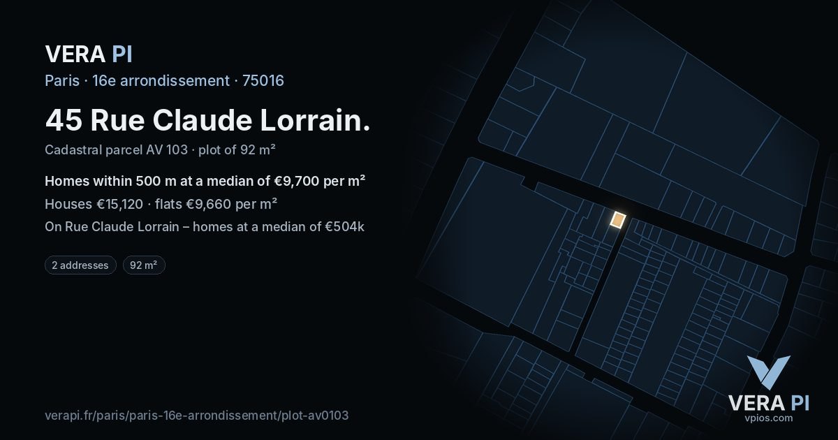 45 Rue Claude Lorrain, 16e arrondissement at night – the plot lit, the parcels around coloured by the prices near them