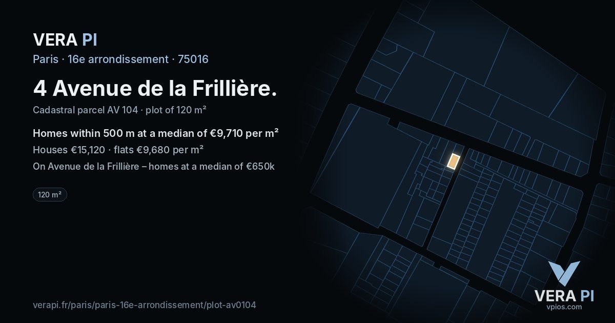4 Avenue de la Frillière, 16e arrondissement at night – the plot lit, the parcels around coloured by the prices near them