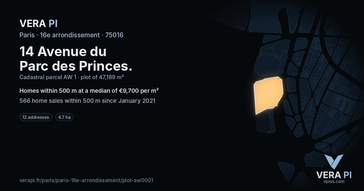 14 Avenue du Parc des Princes, 16e arrondissement at night – the plot lit, the parcels around coloured by the prices near them