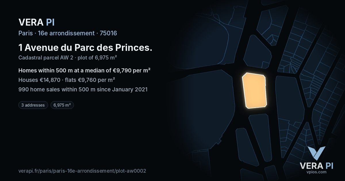 1 Avenue du Parc des Princes, 16e arrondissement at night – the plot lit, the parcels around coloured by the prices near them