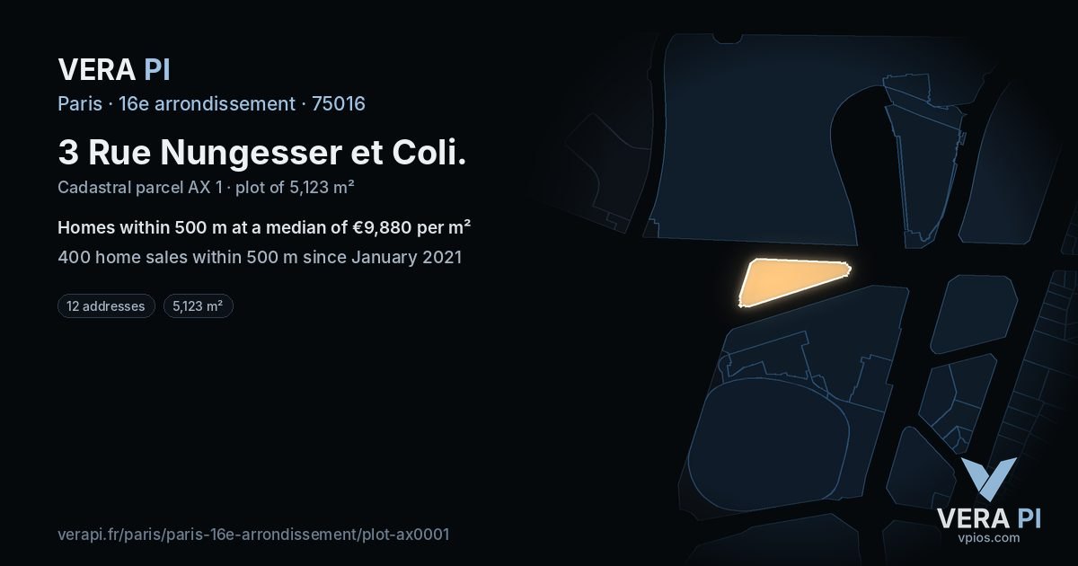 3 Rue Nungesser et Coli, 16e arrondissement at night – the plot lit, the parcels around coloured by the prices near them