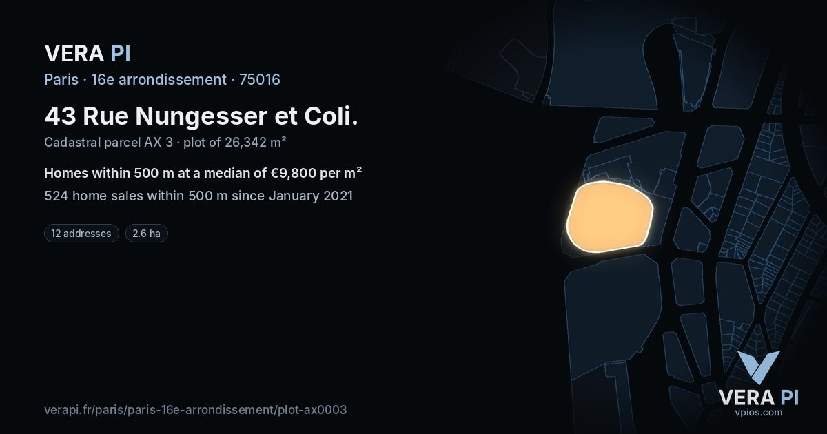 43 Rue Nungesser et Coli, 16e arrondissement at night – the plot lit, the parcels around coloured by the prices near them