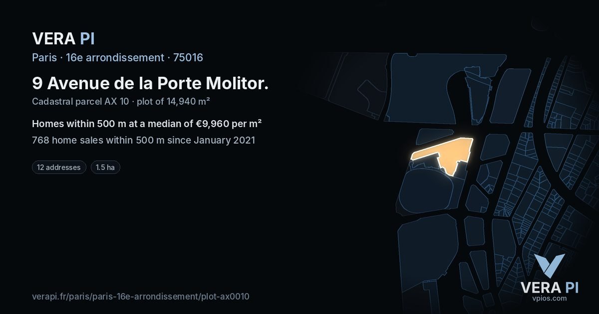 9 Avenue de la Porte Molitor, 16e arrondissement at night – the plot lit, the parcels around coloured by the prices near them