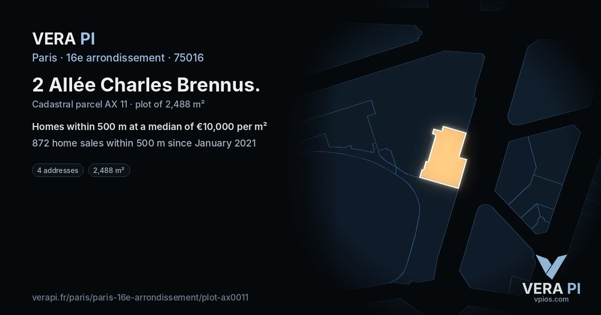 2 Allée Charles Brennus, 16e arrondissement at night – the plot lit, the parcels around coloured by the prices near them