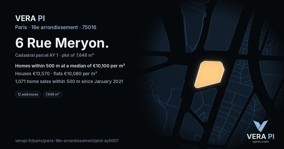 6 Rue Meryon, 16e arrondissement at night – the plot lit, the parcels around coloured by the prices near them