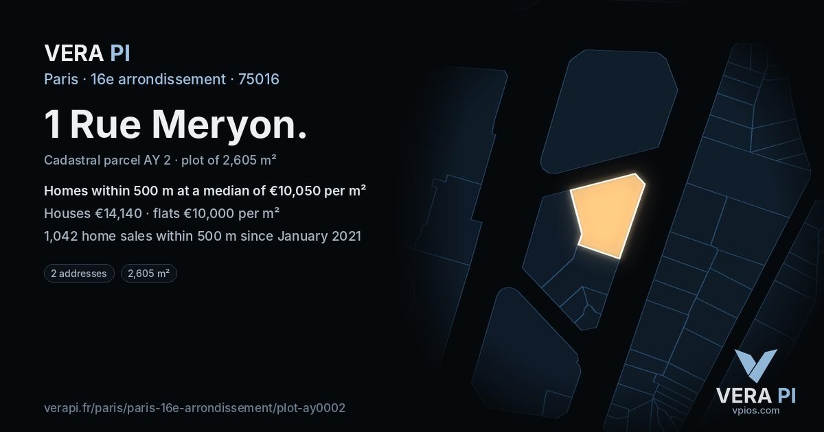 1 Rue Meryon, 16e arrondissement at night – the plot lit, the parcels around coloured by the prices near them