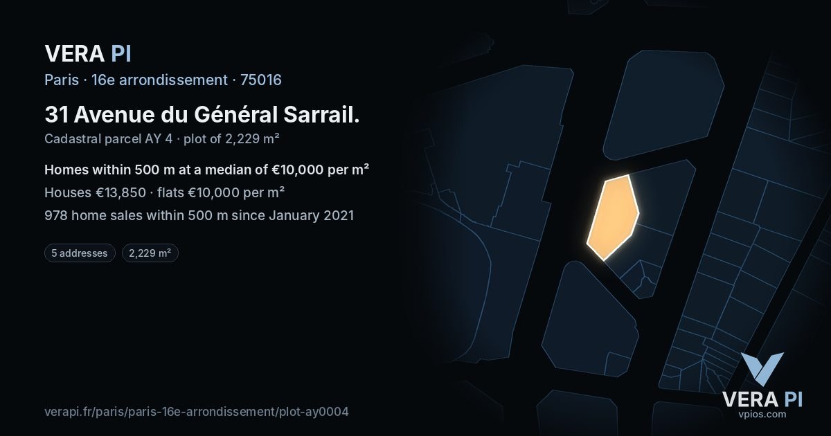 31 Avenue du Général Sarrail, 16e arrondissement at night – the plot lit, the parcels around coloured by the prices near them