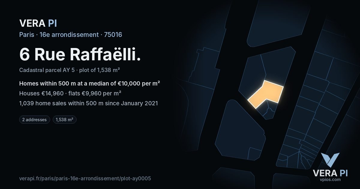 6 Rue Raffaëlli, 16e arrondissement at night – the plot lit, the parcels around coloured by the prices near them