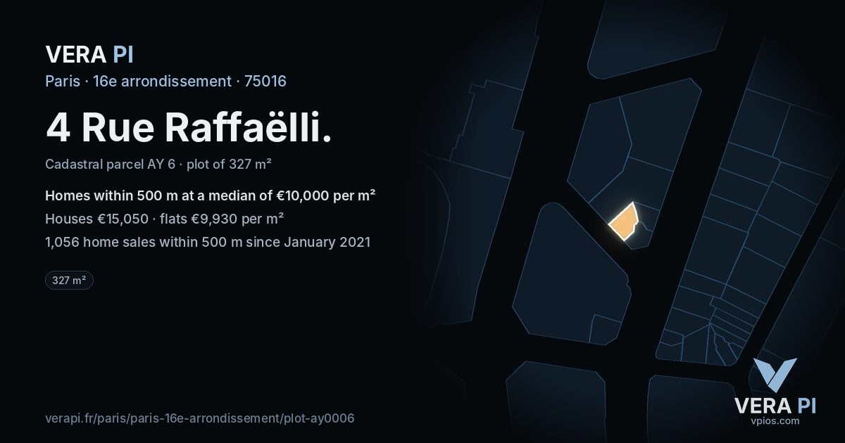 4 Rue Raffaëlli, 16e arrondissement at night – the plot lit, the parcels around coloured by the prices near them