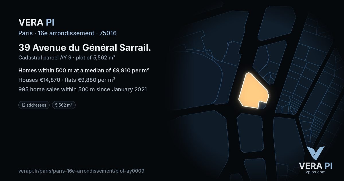 39 Avenue du Général Sarrail, 16e arrondissement at night – the plot lit, the parcels around coloured by the prices near them