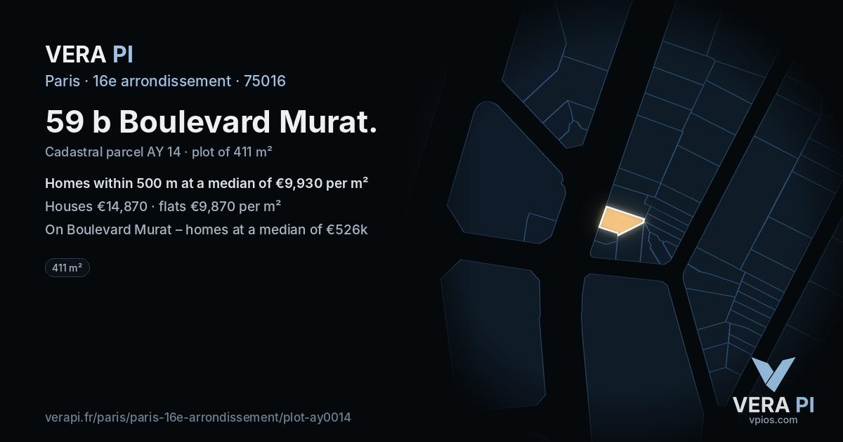 59 b Boulevard Murat, 16e arrondissement at night – the plot lit, the parcels around coloured by the prices near them