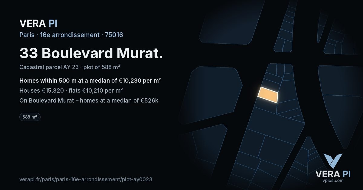 33 Boulevard Murat, 16e arrondissement at night – the plot lit, the parcels around coloured by the prices near them