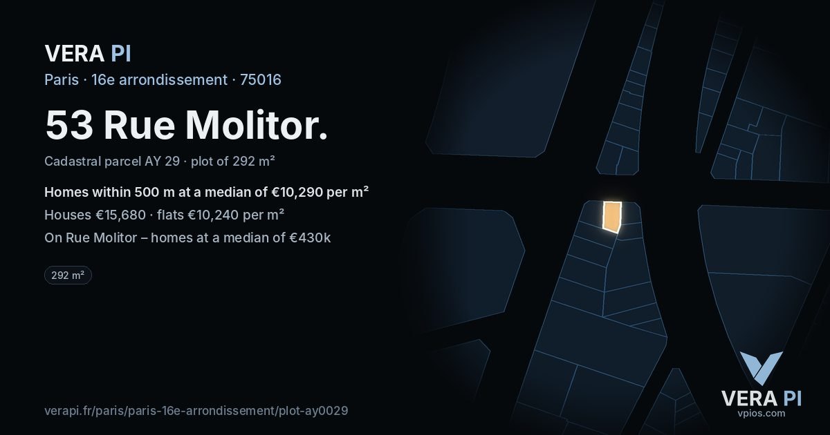 53 Rue Molitor, 16e arrondissement at night – the plot lit, the parcels around coloured by the prices near them