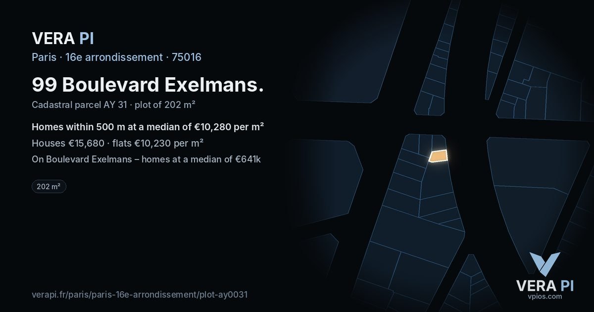 99 Boulevard Exelmans, 16e arrondissement at night – the plot lit, the parcels around coloured by the prices near them