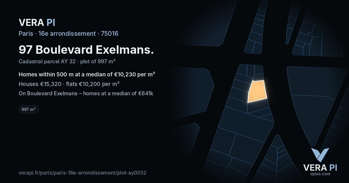 97 Boulevard Exelmans, 16e arrondissement at night – the plot lit, the parcels around coloured by the prices near them