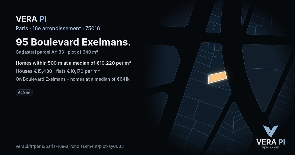 95 Boulevard Exelmans, 16e arrondissement at night – the plot lit, the parcels around coloured by the prices near them