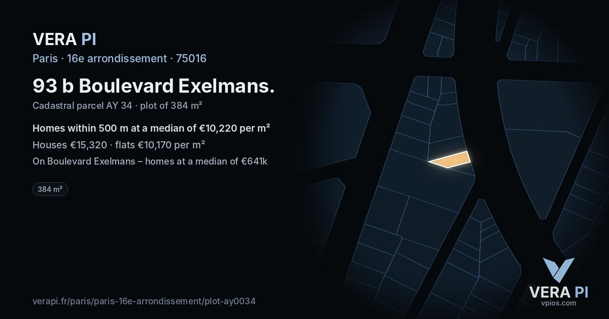 93 b Boulevard Exelmans, 16e arrondissement at night – the plot lit, the parcels around coloured by the prices near them