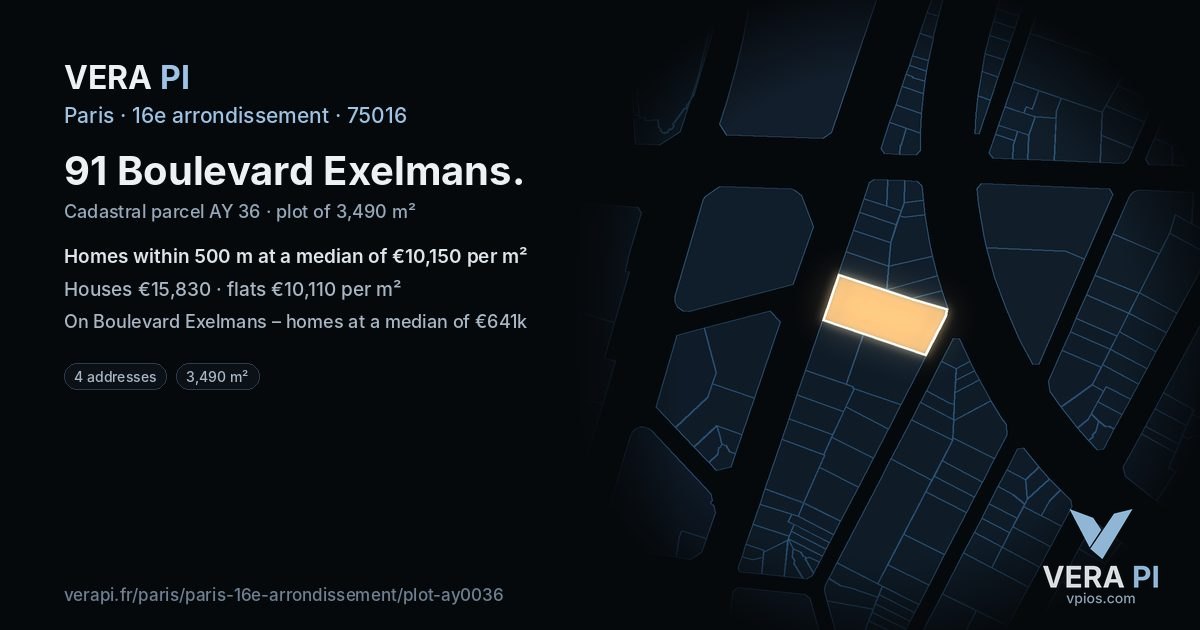 91 Boulevard Exelmans, 16e arrondissement at night – the plot lit, the parcels around coloured by the prices near them