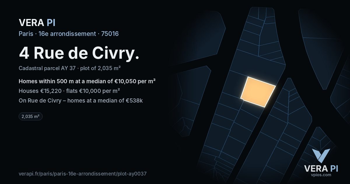4 Rue de Civry, 16e arrondissement at night – the plot lit, the parcels around coloured by the prices near them