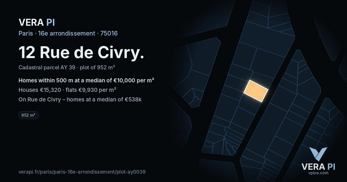 12 Rue de Civry, 16e arrondissement at night – the plot lit, the parcels around coloured by the prices near them
