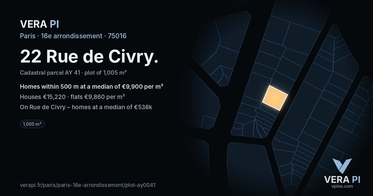 22 Rue de Civry, 16e arrondissement at night – the plot lit, the parcels around coloured by the prices near them