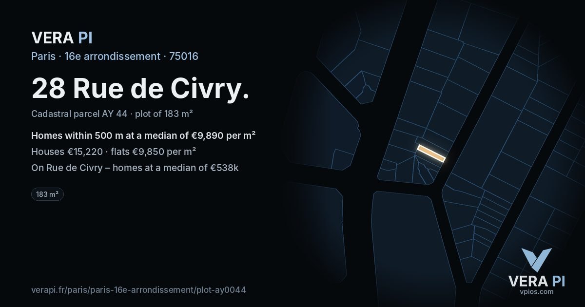 28 Rue de Civry, 16e arrondissement at night – the plot lit, the parcels around coloured by the prices near them