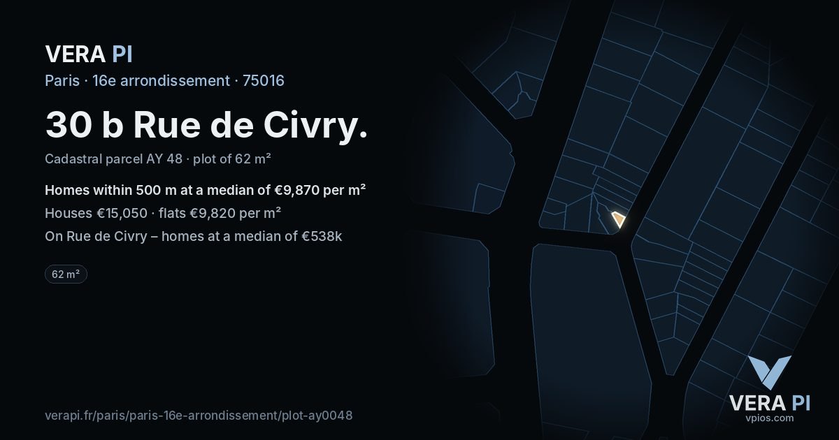 30 b Rue de Civry, 16e arrondissement at night – the plot lit, the parcels around coloured by the prices near them