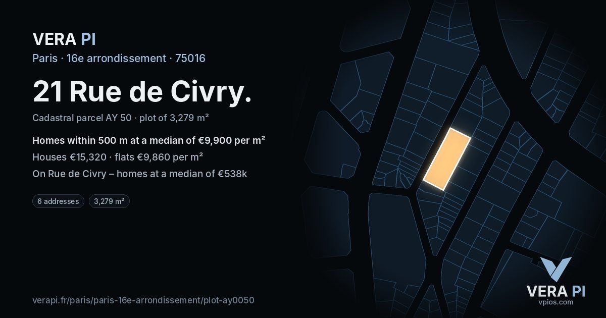 21 Rue de Civry, 16e arrondissement at night – the plot lit, the parcels around coloured by the prices near them