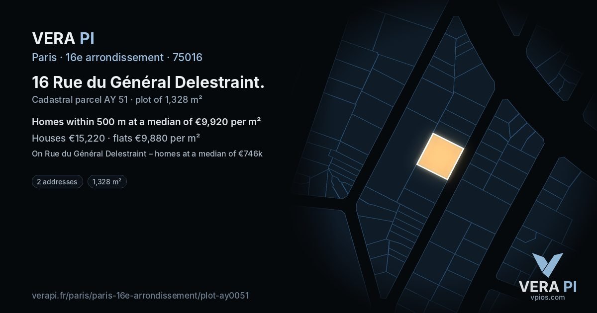 16 Rue du Général Delestraint, 16e arrondissement at night – the plot lit, the parcels around coloured by the prices near them