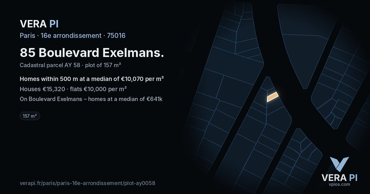 85 Boulevard Exelmans, 16e arrondissement at night – the plot lit, the parcels around coloured by the prices near them