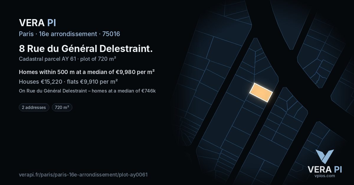 8 Rue du Général Delestraint, 16e arrondissement at night – the plot lit, the parcels around coloured by the prices near them