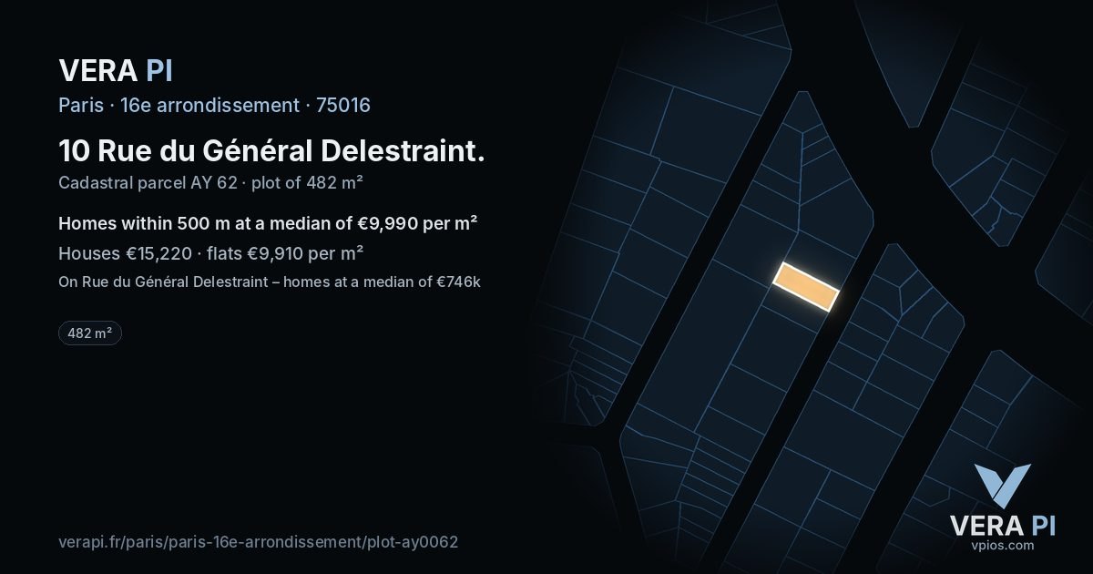 10 Rue du Général Delestraint, 16e arrondissement at night – the plot lit, the parcels around coloured by the prices near them