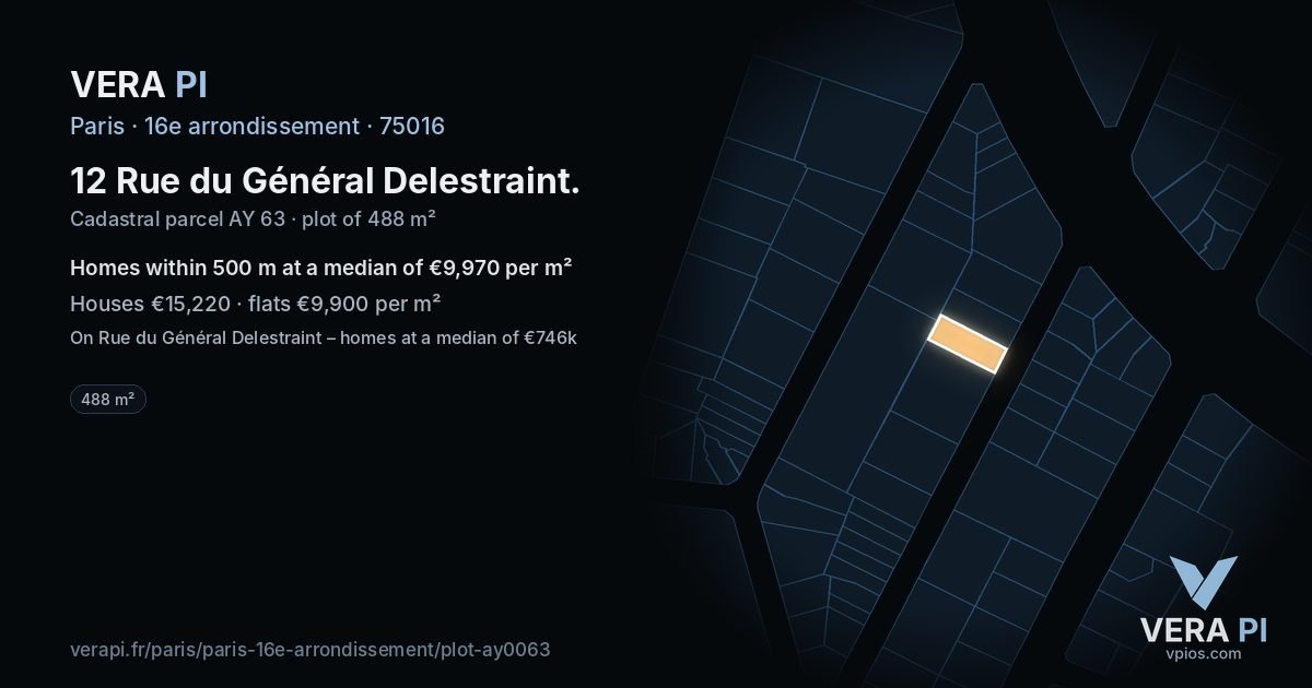 12 Rue du Général Delestraint, 16e arrondissement at night – the plot lit, the parcels around coloured by the prices near them