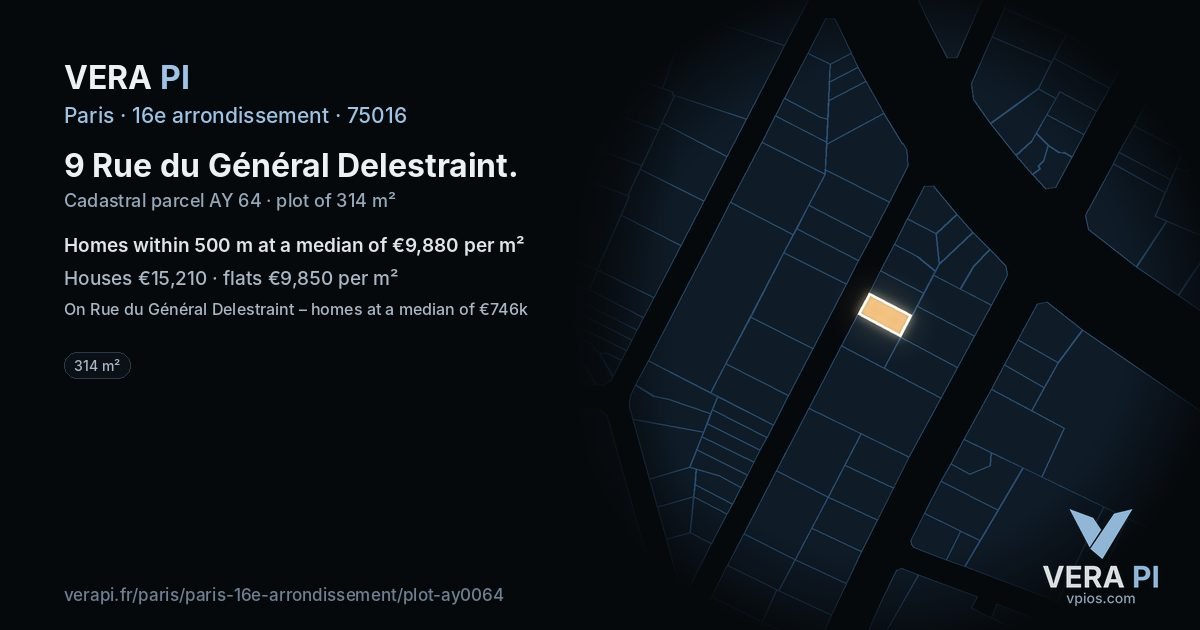 9 Rue du Général Delestraint, 16e arrondissement at night – the plot lit, the parcels around coloured by the prices near them