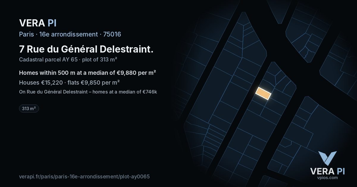 7 Rue du Général Delestraint, 16e arrondissement at night – the plot lit, the parcels around coloured by the prices near them