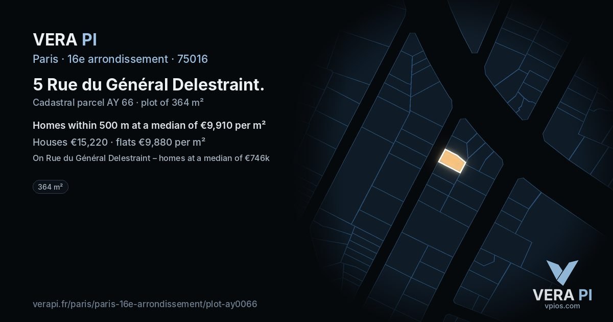 5 Rue du Général Delestraint, 16e arrondissement at night – the plot lit, the parcels around coloured by the prices near them