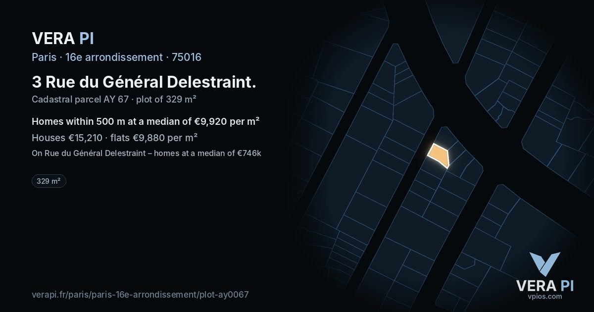 3 Rue du Général Delestraint, 16e arrondissement at night – the plot lit, the parcels around coloured by the prices near them