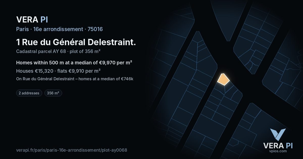 1 Rue du Général Delestraint, 16e arrondissement at night – the plot lit, the parcels around coloured by the prices near them