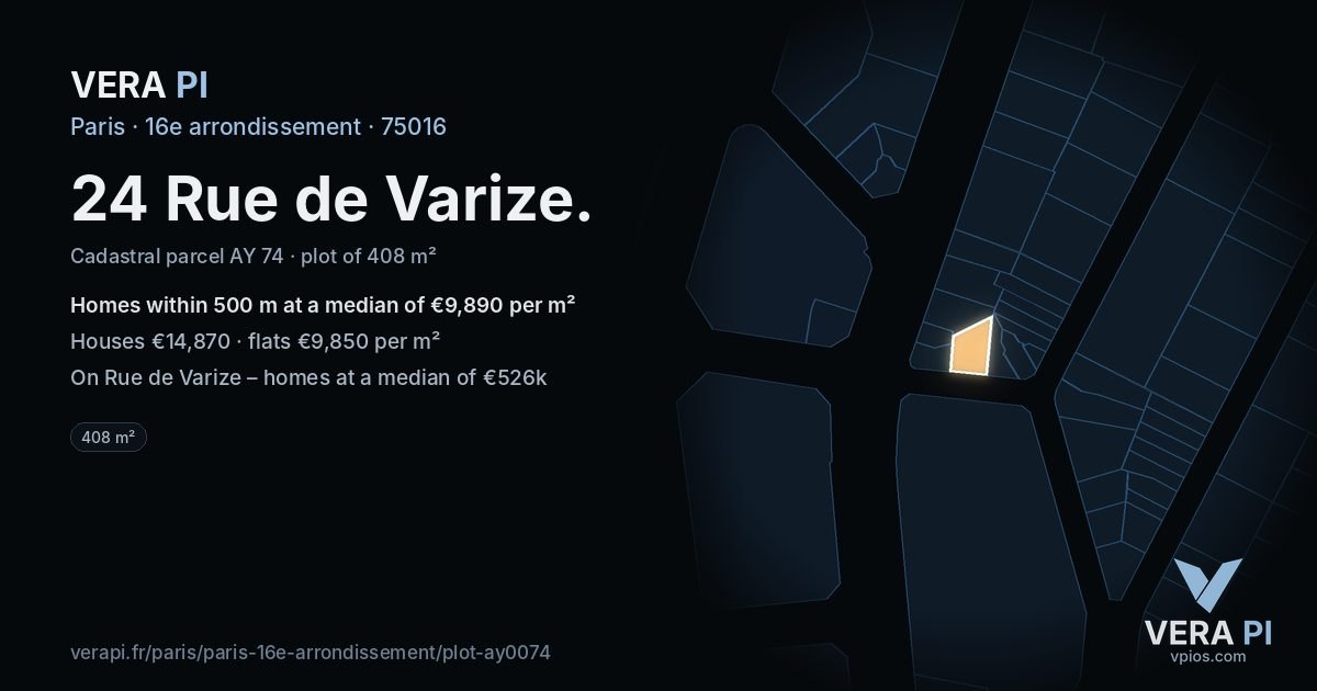 24 Rue de Varize, 16e arrondissement at night – the plot lit, the parcels around coloured by the prices near them